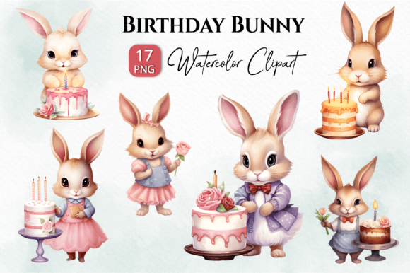Birthday Bunny Watercolor Clipart PNG for Illustrations