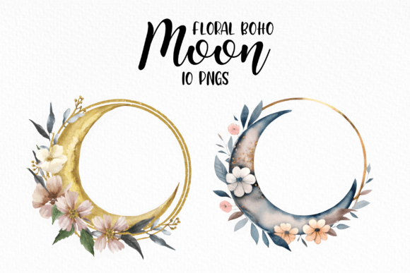 Boho Watercolor Floral Moon Frame Illustrations