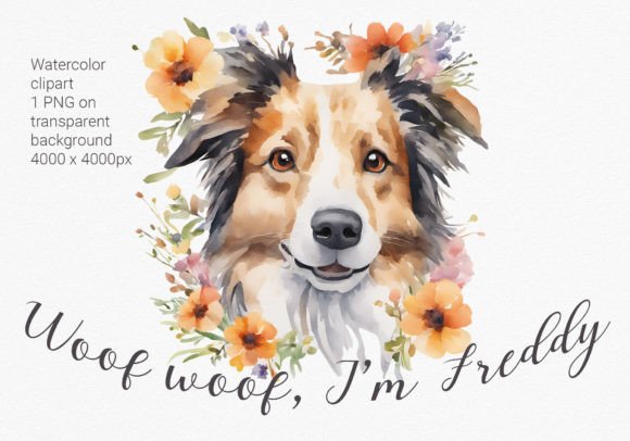 Border Collie Flowers Watercolor Clipart Illustrations