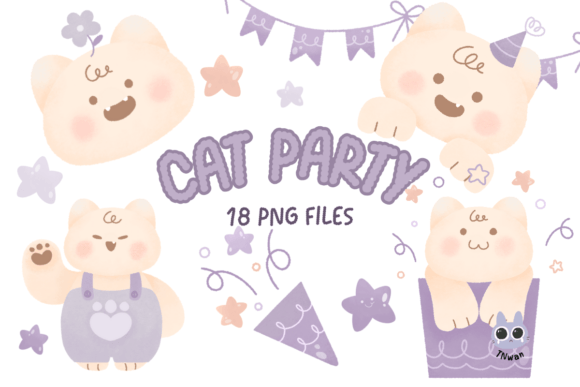 Cat Birthday Party Watercolor Clipart Illustrations