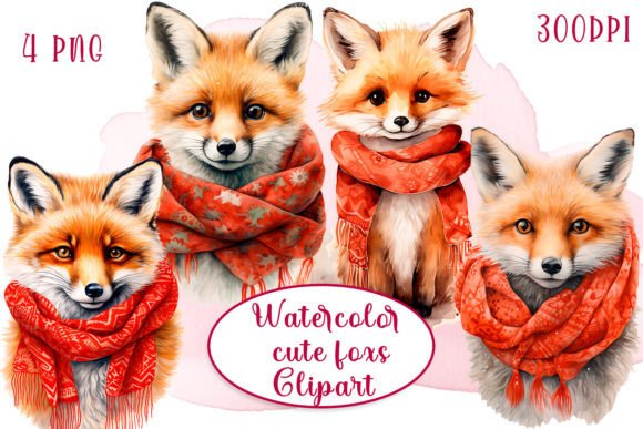 Cute Fox Watercolor Sublimation Clipart Illustrations