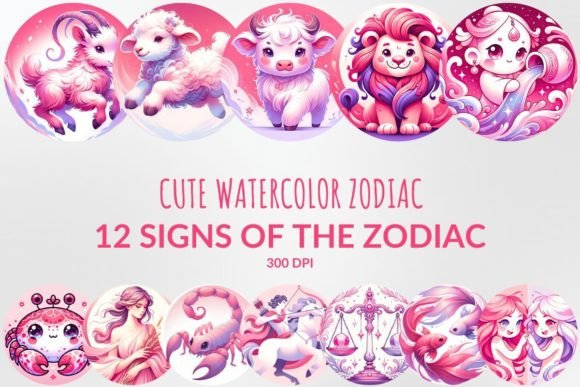 Cute Watercolor Zodiac Illustrations for Sublimation