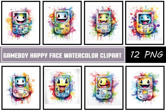 Gameboy Happy Face Watercolor Clipart Illustrations