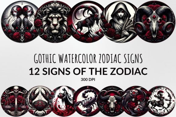Gothic Watercolor Zodiac Illustrations for Sublimation