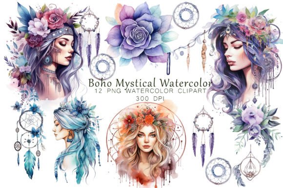 Mystical Feminine Boho Watercolor PNGs & Illustrations
