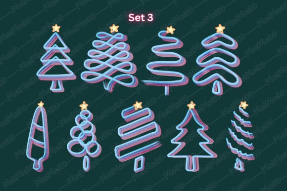 Pastel Watercolor Line Xmas Pine Tree Illustrations