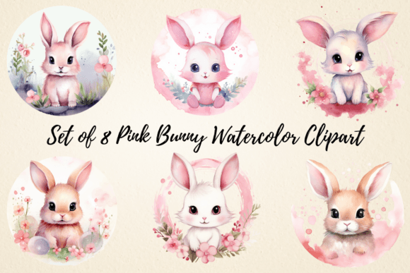 Pink Bunny Watercolor Clipart for Girls Illustrations