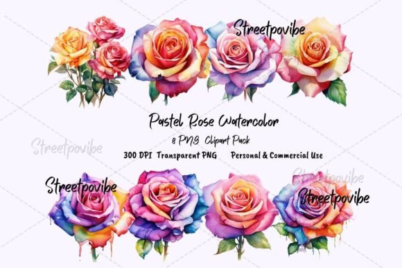 Rainbow Rose Watercolor Clipart PNG Pack Illustrations