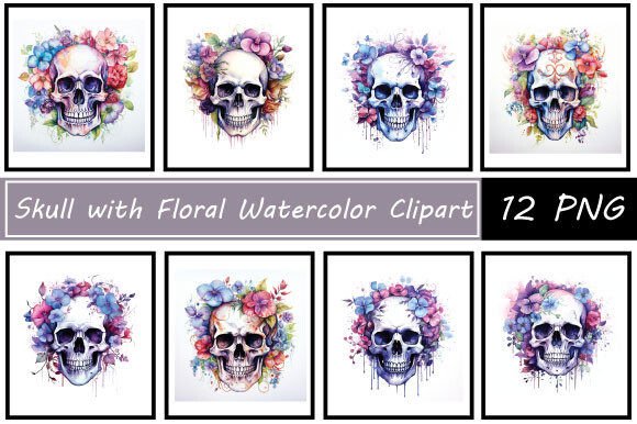 Skull with Floral Watercolor Clipart Illustrations