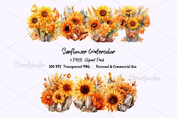 Sunflower Crystal Watercolor Clipart PNG Illustrations