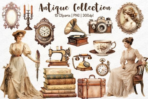 Vintage Antique Watercolor Clipart Set Illustrations