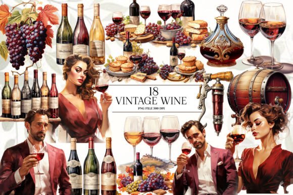 Vintage Watercolor Wine Clipart Illustrations