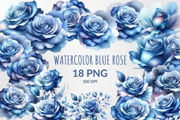 Watercolor Blue Rose Sublimation Clipart Illustrations