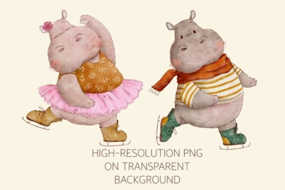 Watercolor Boy and Girl Hippos Cliparts Illustrations