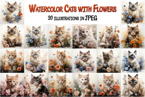 Watercolor Cats with Flowers: Illustrations for Branding