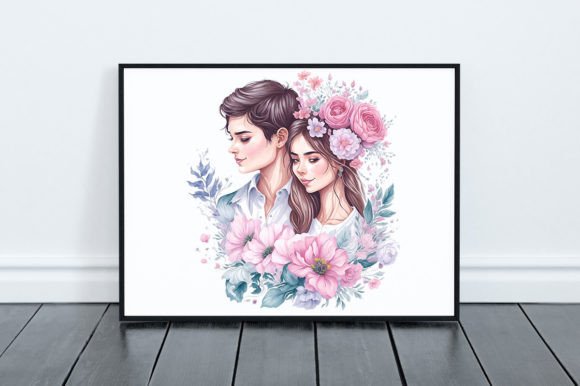 Watercolor Couple Cute Girl with Flowers Illustrations