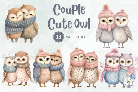 Watercolor Couple Cute Owl Clipart Illustrations