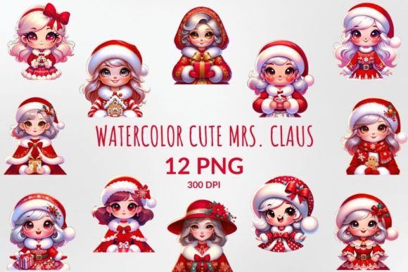 Watercolor Cute Mrs. Claus Sublimation Illustrations