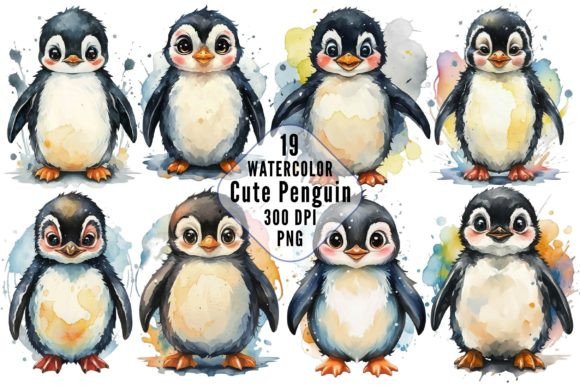 Watercolor Cute Penguin Clipart for Illustrations