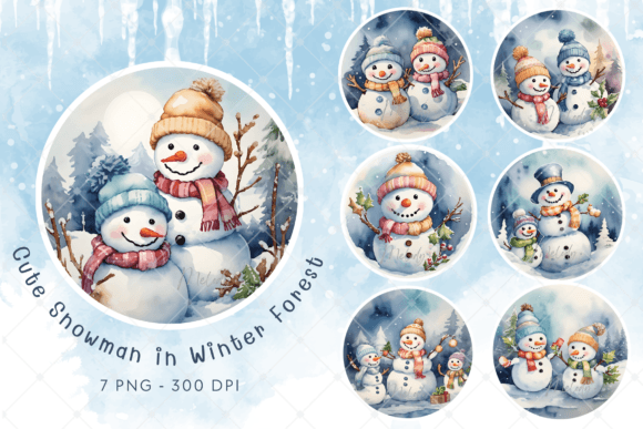Watercolor Cute Snowman in Winter Forest Illustrations