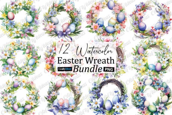 Watercolor Easter Wreath Clipart: Editorial Illustrations