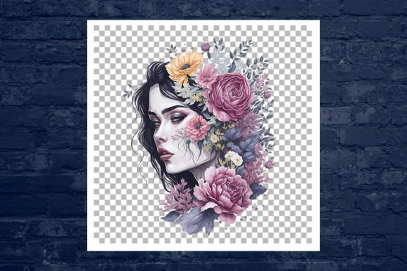 Watercolor Female with Flowers Logo: Editorial Illustrations