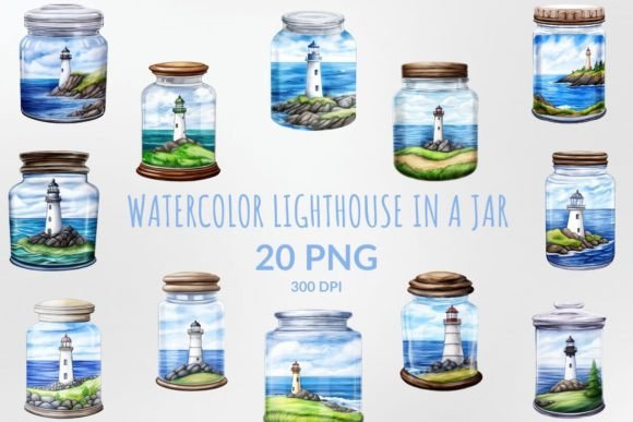 Watercolor Lighthouse in a Jar Clipart Illustrations