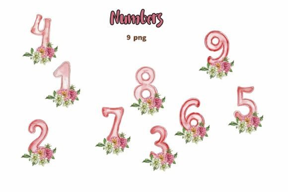 Watercolor Pink Numbers Illustrations for Crafters