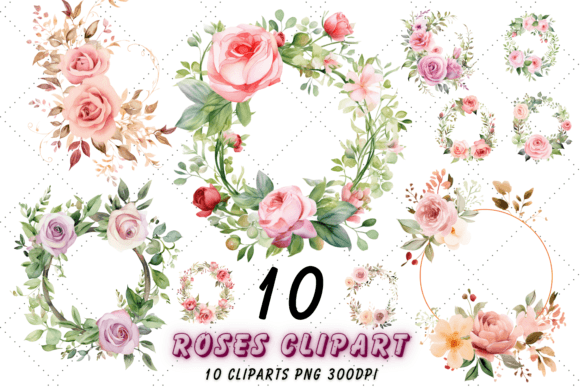 Watercolor Roses and Greenery Wreaths Illustrations
