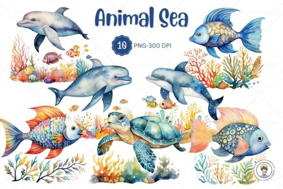 Watercolor Sea Animal Aquarium Clipart Illustrations
