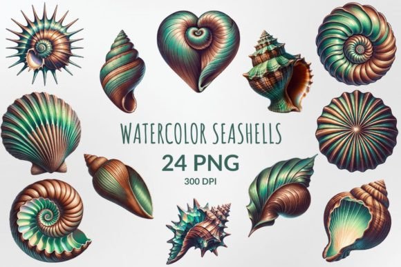 Watercolor Seashells Sublimation Bundle Illustrations
