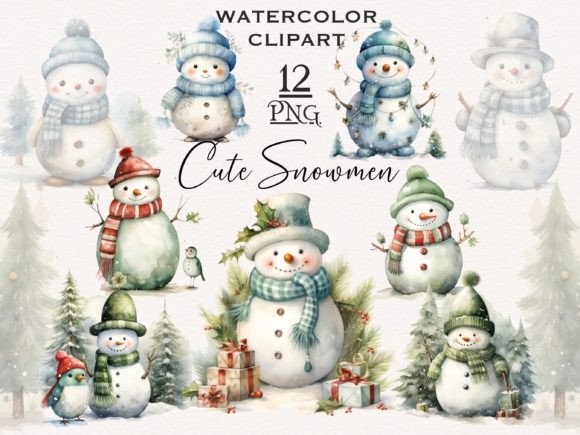 Watercolor Snowman PNG Bundle: Editorial Illustrations