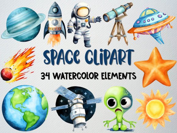 Watercolor Space Clipart Set: 34 PNG Illustrations