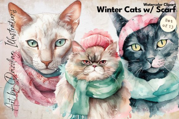 Watercolor Winter Cats Illustrations for Branding