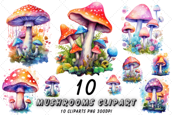 Watercolour Magic Mushrooms Clipart Illustrations